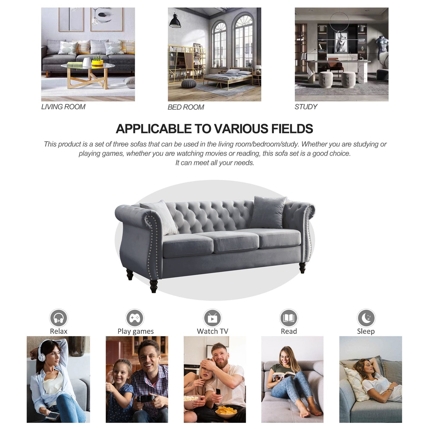 Canapé Chesterfield 3 places en velours 80 avec motif capitonné, garniture cloutée et 2 coussins