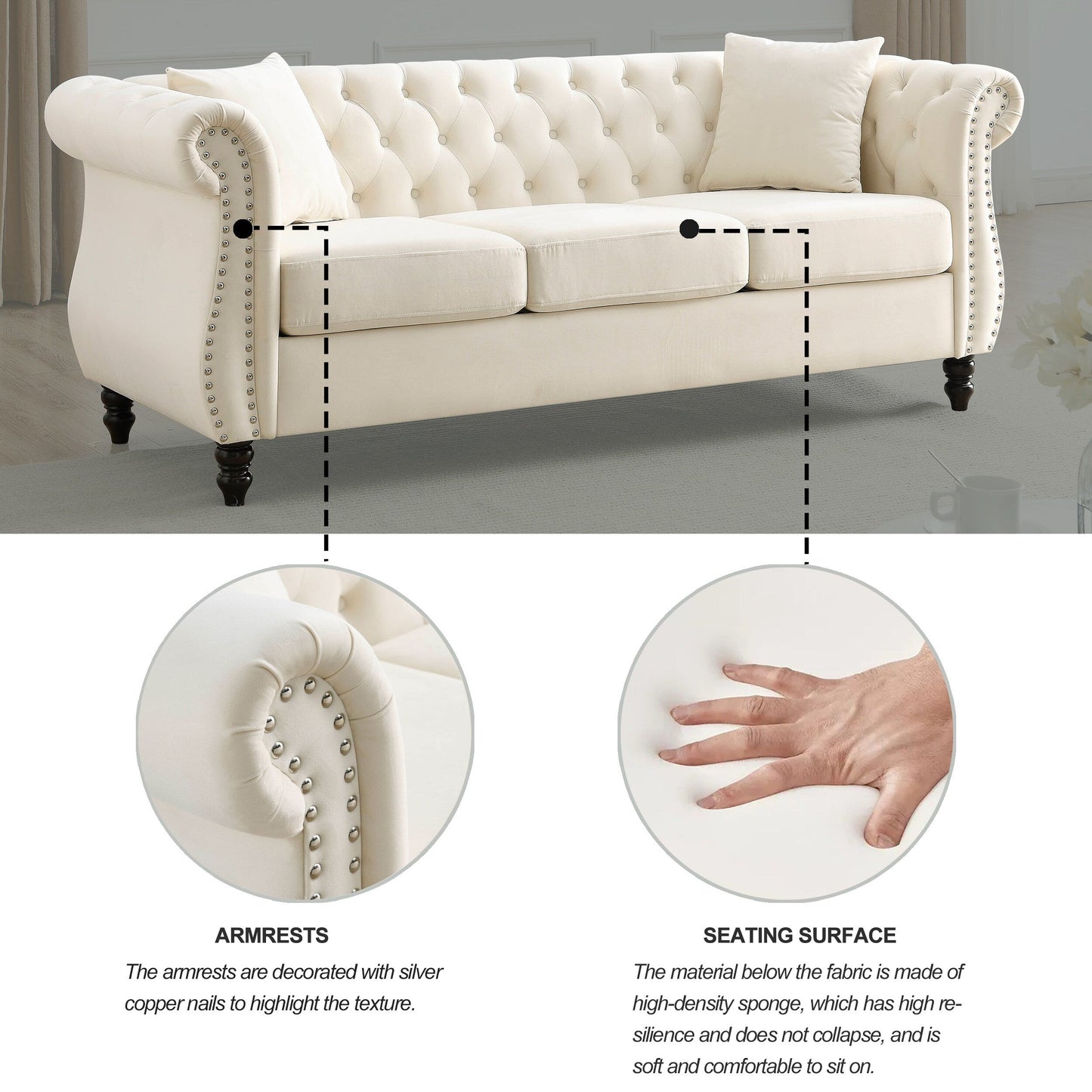 Canapé Chesterfield 3 places en velours 80 avec motif capitonné, garniture cloutée et 2 coussins