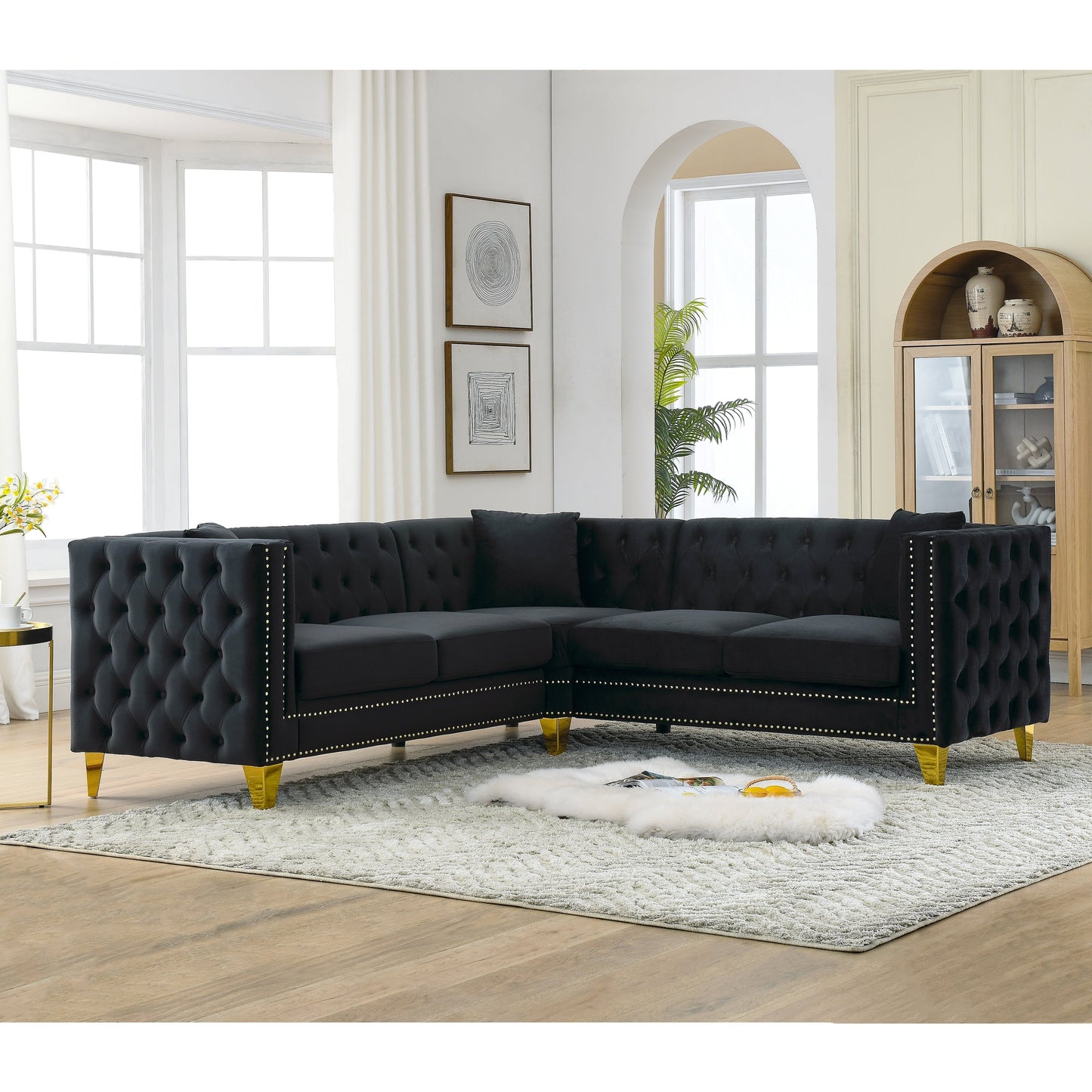 Canapé d'angle en velours de 82,2 pouces, canapé sectionnel en L, canapés d'angle 5 places avec 3 coussins pour salon, chambre, appartement