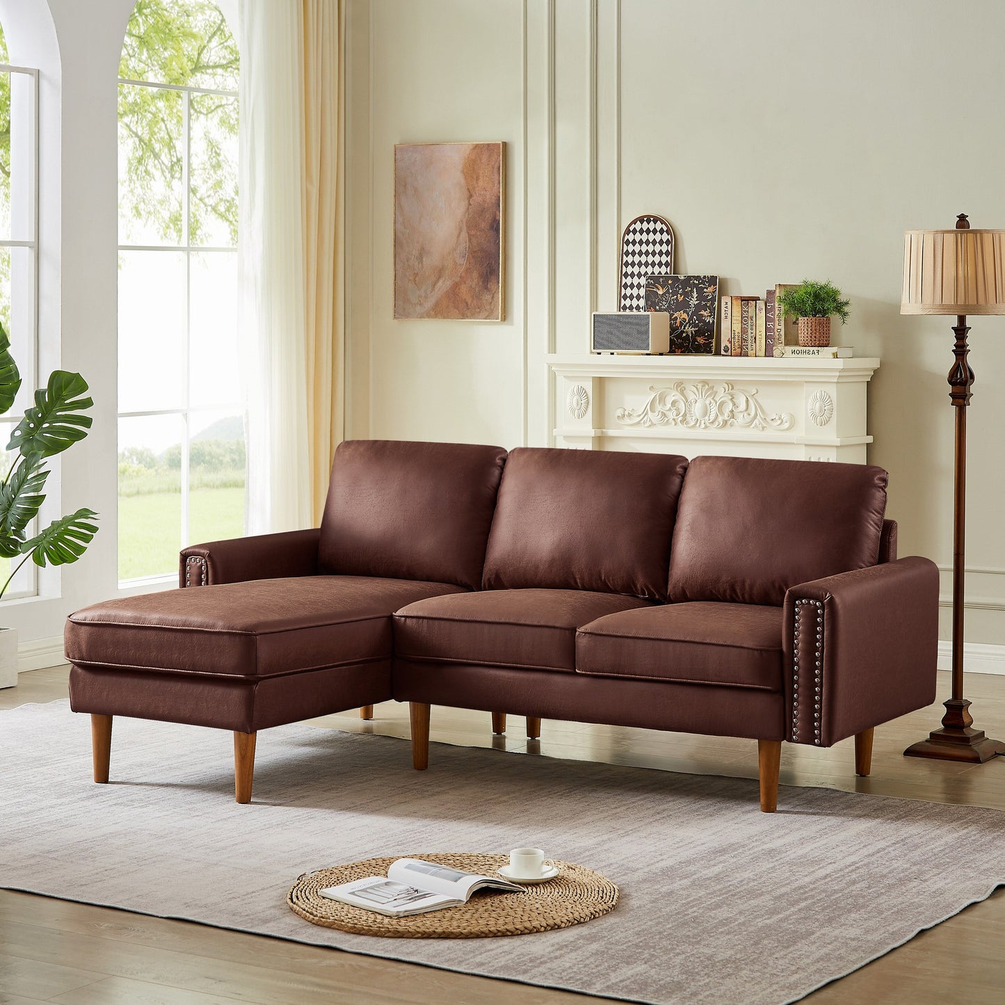Canapé 3 places en tissu 82.2 avec clous en cuivre et méridienne droite