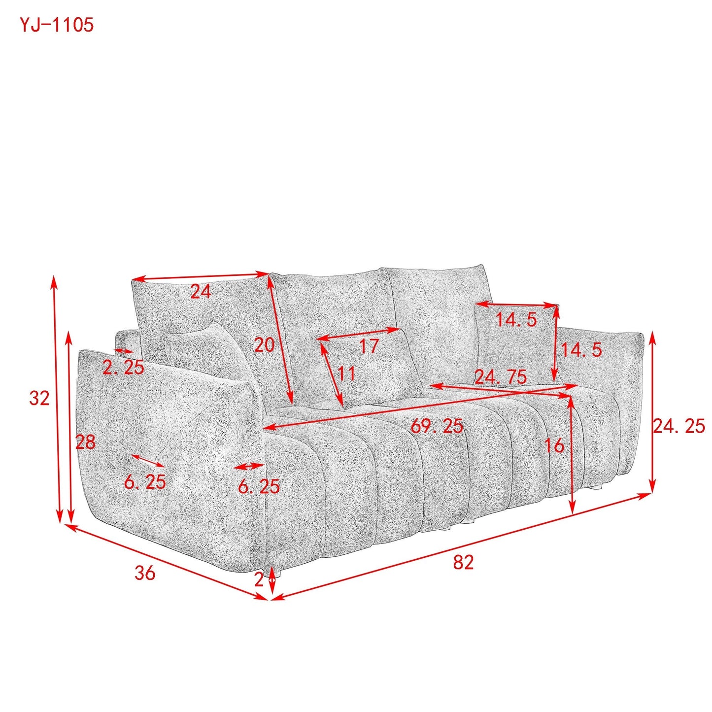 Canapé 3 places en tissu de 82 pouces avec coussins de dossier moelleux, cadre en bois massif et coussins en mousse confortables