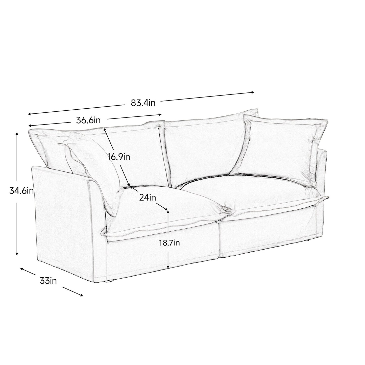 Canapé modulaire 3 places en chenille 83,4 po avec housses amovibles et lavables, capacité de 136 kg
