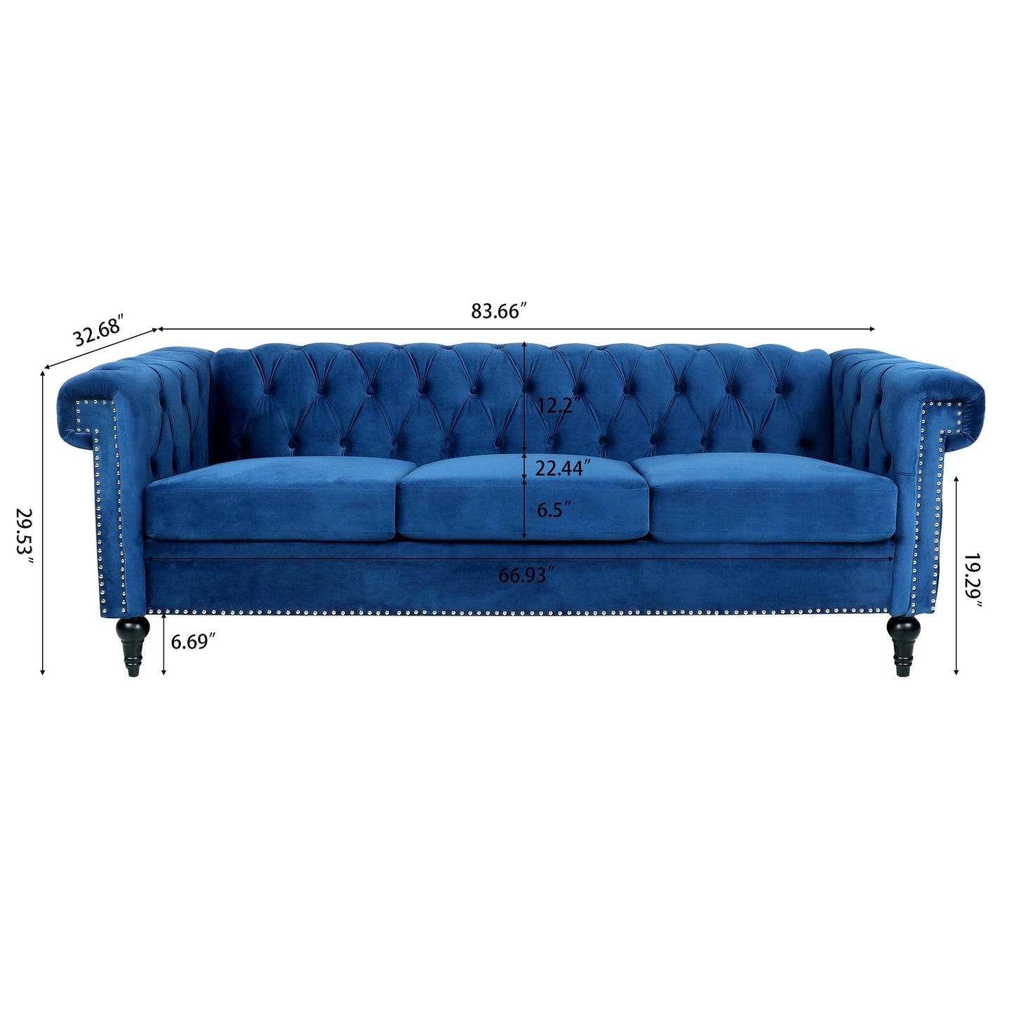 Canapé trois places traditionnel capitonné à accoudoirs carrés - 32,68 x 83,66 x 29,53