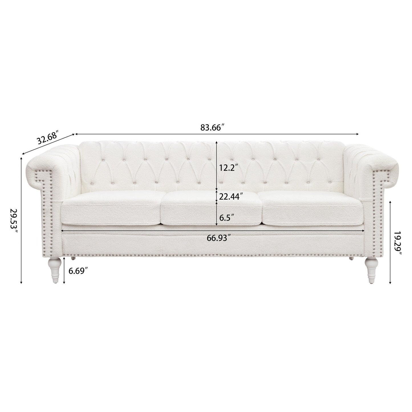 Canapé 3 places en cuir PU 83,66 pouces avec accoudoirs carrés et coussins amovibles, support à ressorts ensachés et garniture cloutée