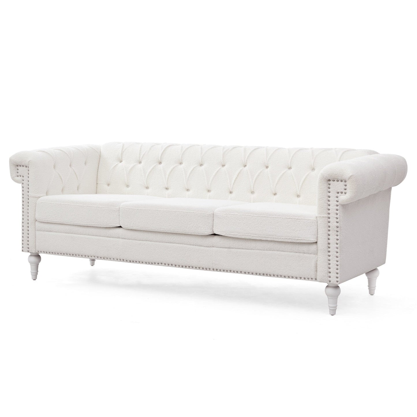 Canapé 3 places en cuir PU 83,66 pouces avec accoudoirs carrés et coussins amovibles, support à ressorts ensachés et garniture cloutée