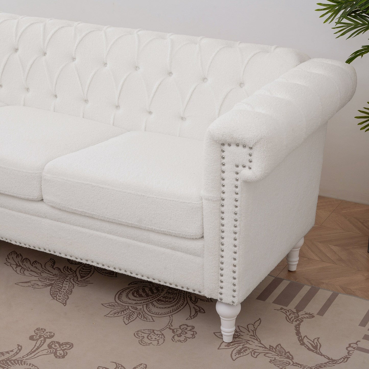 Canapé 3 places en cuir PU 83,66 pouces avec accoudoirs carrés et coussins amovibles, support à ressorts ensachés et garniture cloutée
