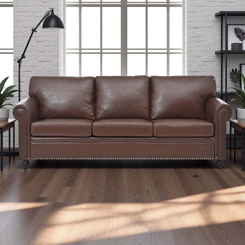 Canapé 3 places en tissu à accoudoirs enroulables, assise à ressorts ensachés, dossier en mousse PP et structure en bois massif (83,86 €)