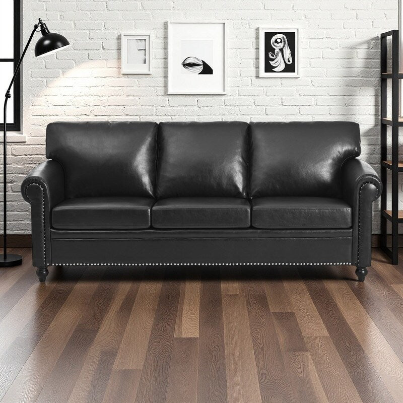 Canapé 3 places en tissu à accoudoirs enroulables, assise à ressorts ensachés, dossier en mousse PP et structure en bois massif (83,86 €)