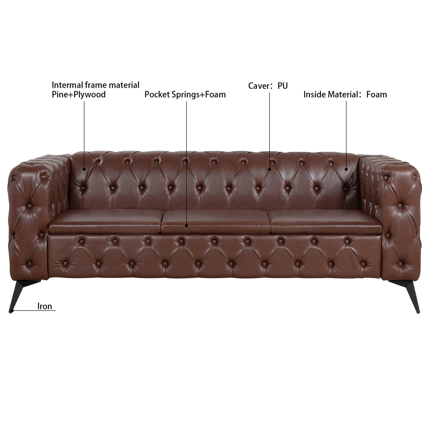 Canapé 3 places traditionnel en polyuréthane à accoudoirs carrés, avec coussins amovibles, assise à ressorts ensachés et base traîneau en fer, modèle 84.06