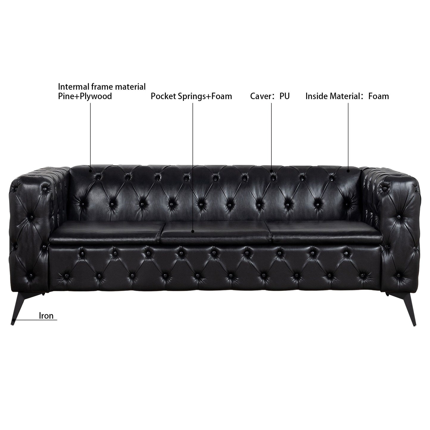 Canapé 3 places traditionnel en polyuréthane à accoudoirs carrés, avec coussins amovibles, assise à ressorts ensachés et base traîneau en fer, modèle 84.06