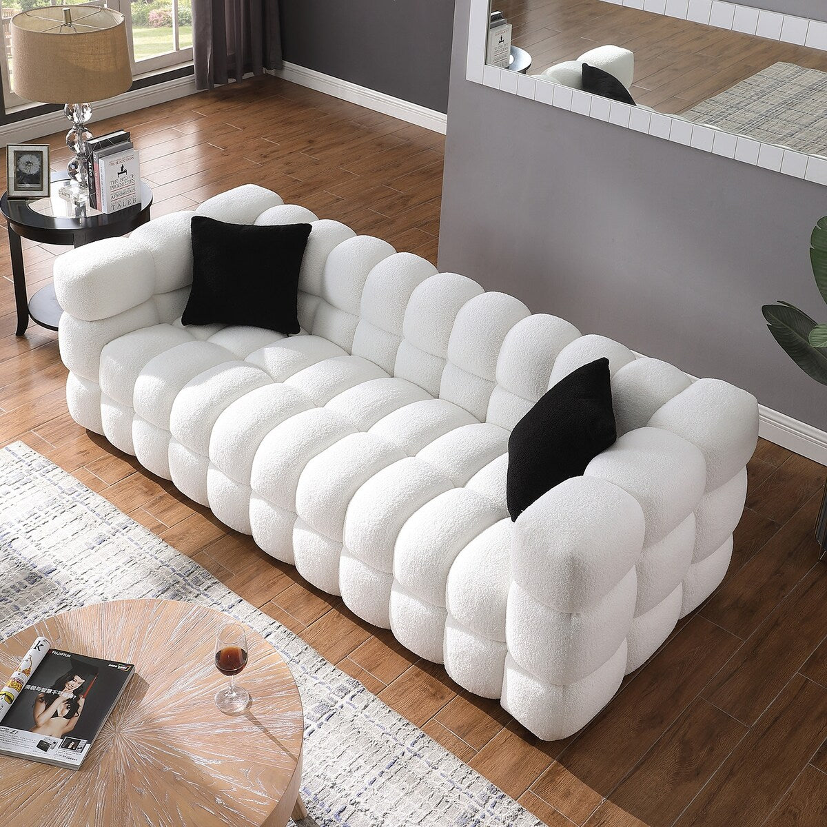 84.3 Luxueux grand canapé Boucle 3 places rembourré Marshmallow avec 2 coussins décoratifs carrés et accoudoirs carrés