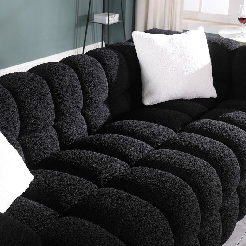 84.3 Luxueux grand canapé Boucle 3 places rembourré Marshmallow avec 2 coussins décoratifs carrés et accoudoirs carrés