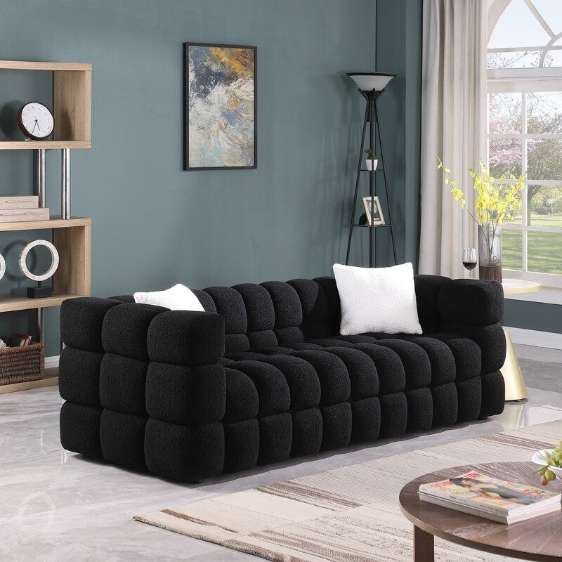 84.3 Luxueux grand canapé Boucle 3 places rembourré Marshmallow avec 2 coussins décoratifs carrés et accoudoirs carrés