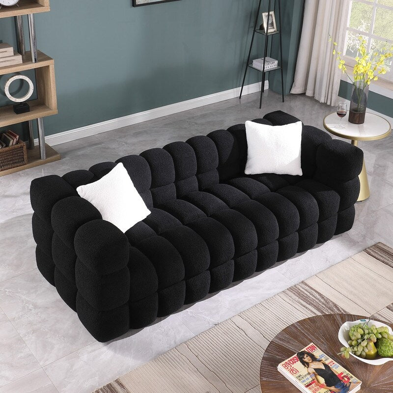 84.3 Luxueux grand canapé Boucle 3 places rembourré Marshmallow avec 2 coussins décoratifs carrés et accoudoirs carrés