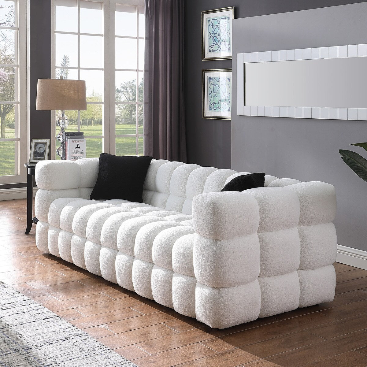 84.3 Luxueux grand canapé Boucle 3 places rembourré Marshmallow avec 2 coussins décoratifs carrés et accoudoirs carrés