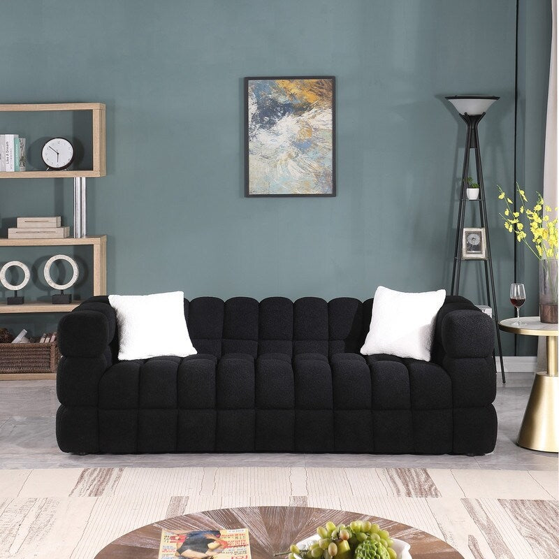 84.3 Luxueux grand canapé Boucle 3 places rembourré Marshmallow avec 2 coussins décoratifs carrés et accoudoirs carrés