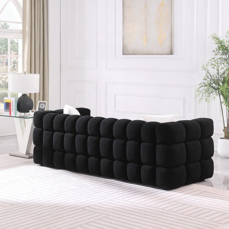 84.3 Luxueux grand canapé Boucle 3 places rembourré Marshmallow avec 2 coussins décoratifs carrés et accoudoirs carrés