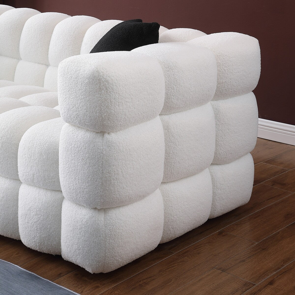 84.3 Luxueux grand canapé Boucle 3 places rembourré Marshmallow avec 2 coussins décoratifs carrés et accoudoirs carrés