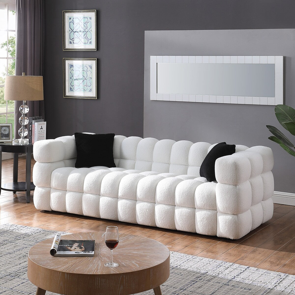84.3 Luxueux grand canapé Boucle 3 places rembourré Marshmallow avec 2 coussins décoratifs carrés et accoudoirs carrés