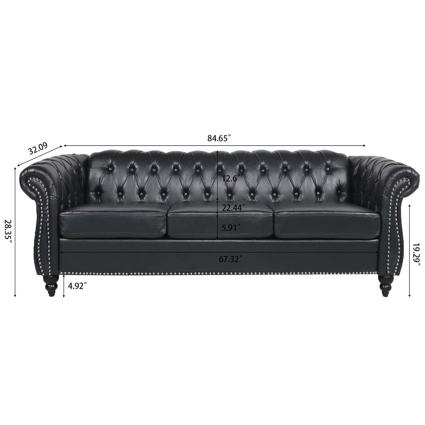 Canapé Chesterfield trois places en similicuir avec accoudoirs roulés