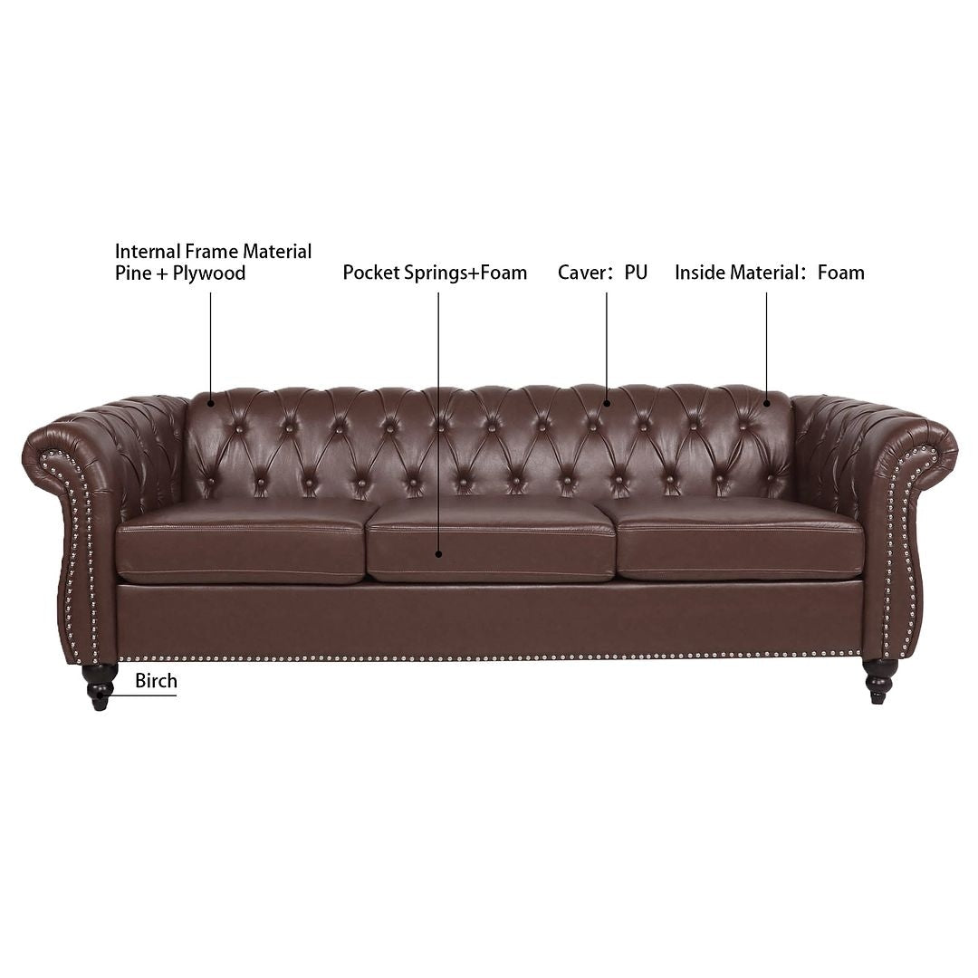 Canapé Chesterfield capitonné en similicuir avec accoudoirs roulés (84,65 po)