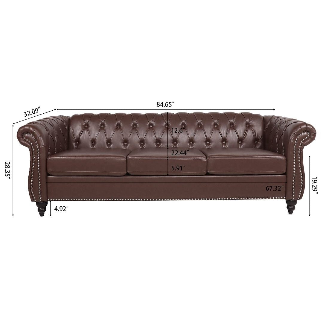 Canapé Chesterfield capitonné en similicuir avec accoudoirs roulés (84,65 po)