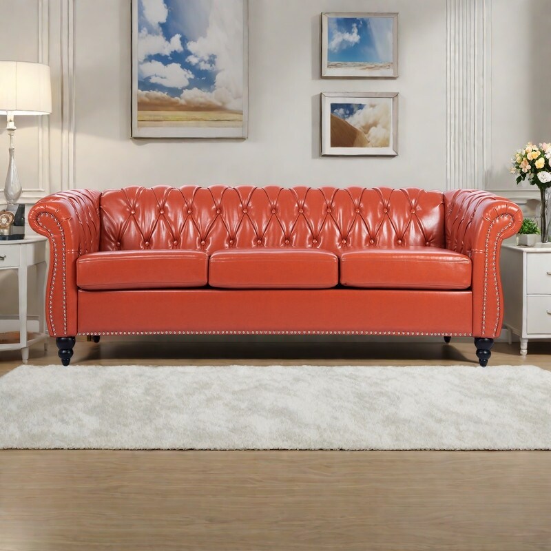 Canapé Chesterfield en cuir synthétique (3 places) avec accoudoirs roulés (84,65 $)