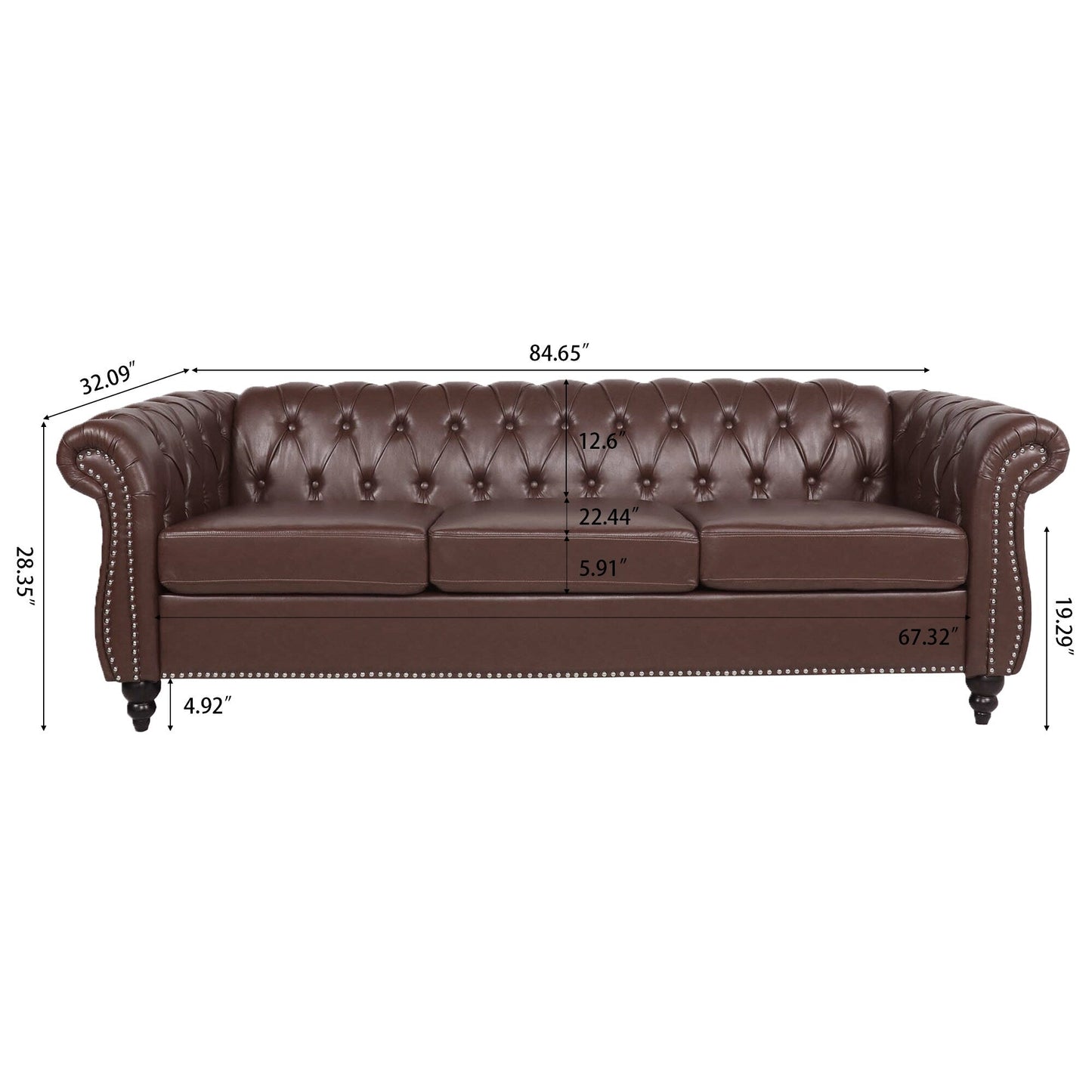 Canapé Chesterfield en cuir synthétique (3 places) avec accoudoirs roulés (84,65 $)