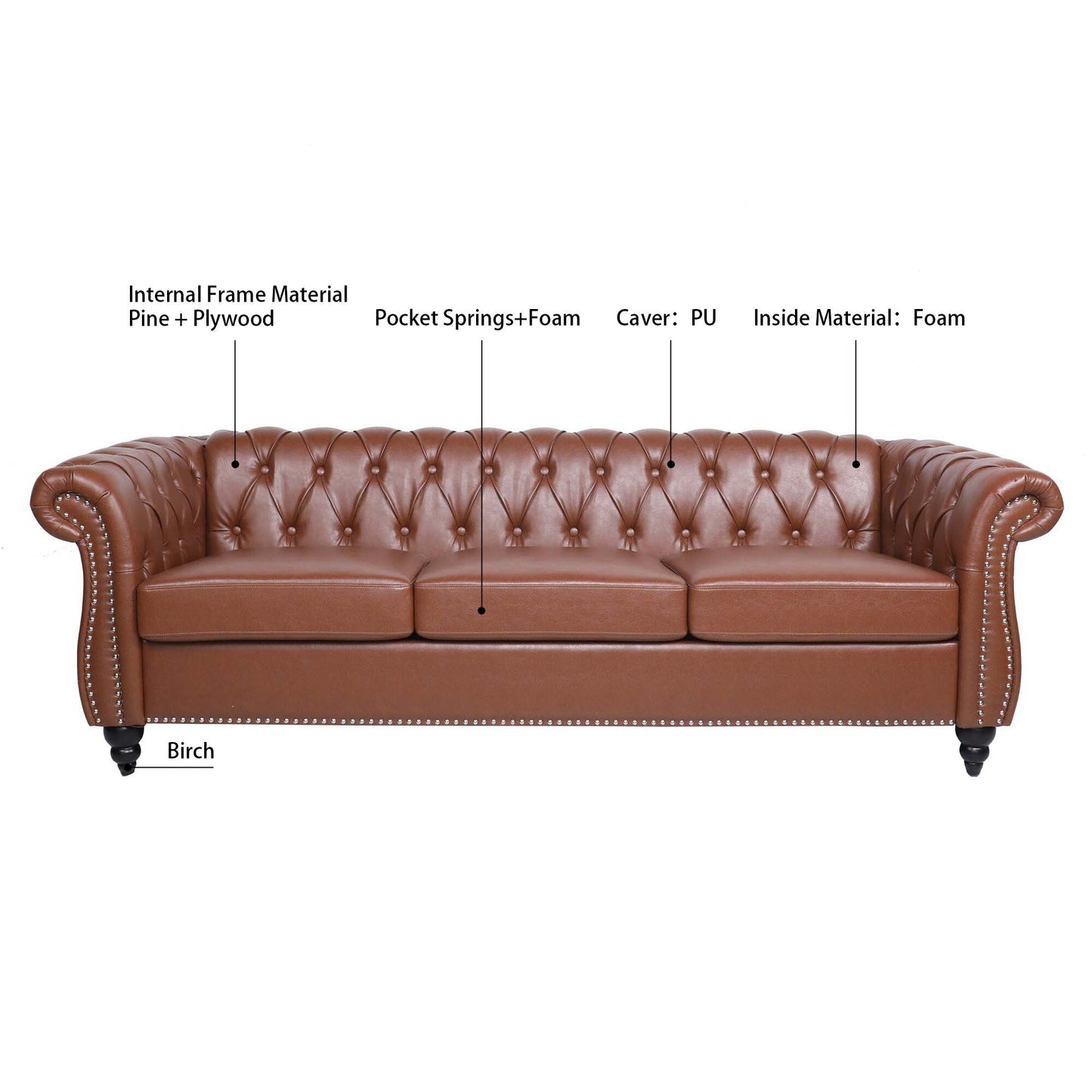 Canapé Chesterfield en cuir synthétique (3 places) avec accoudoirs roulés (84,65 $)