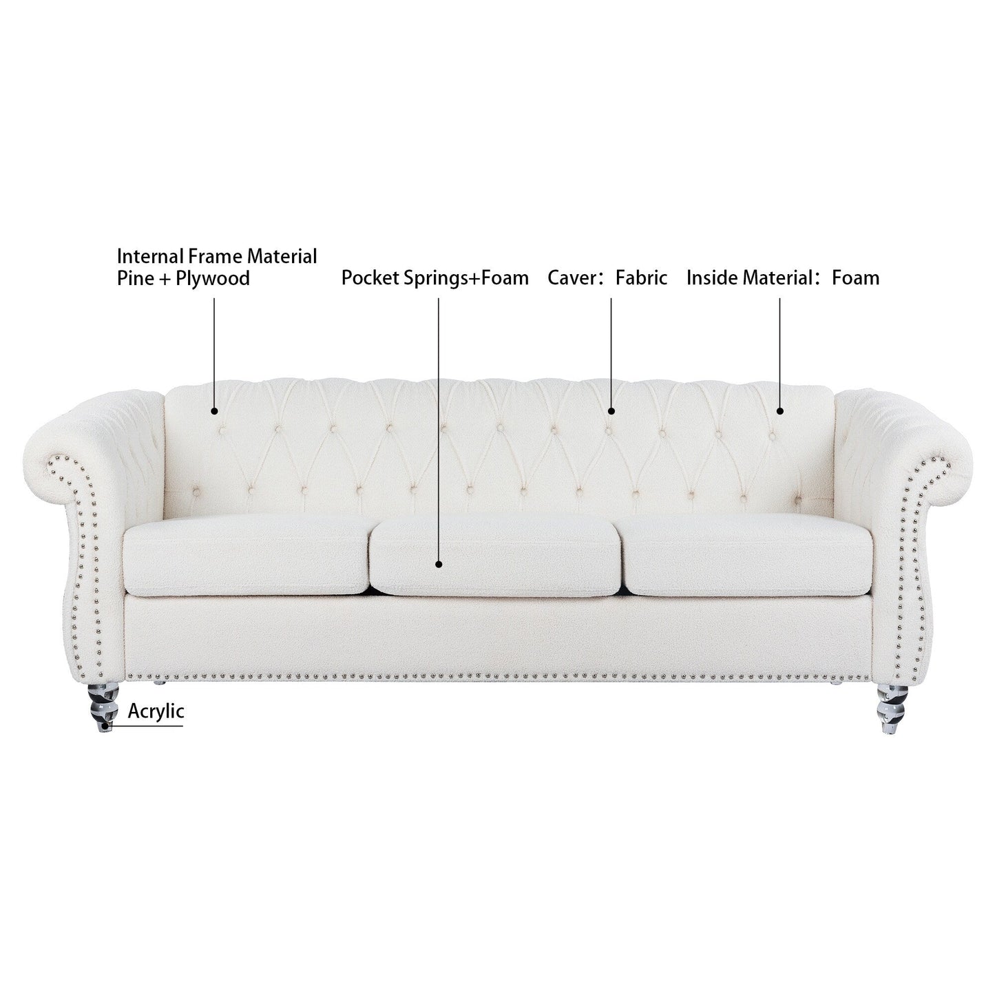 Canapé Chesterfield en polyester 84,65 avec accoudoirs roulés (3 places)