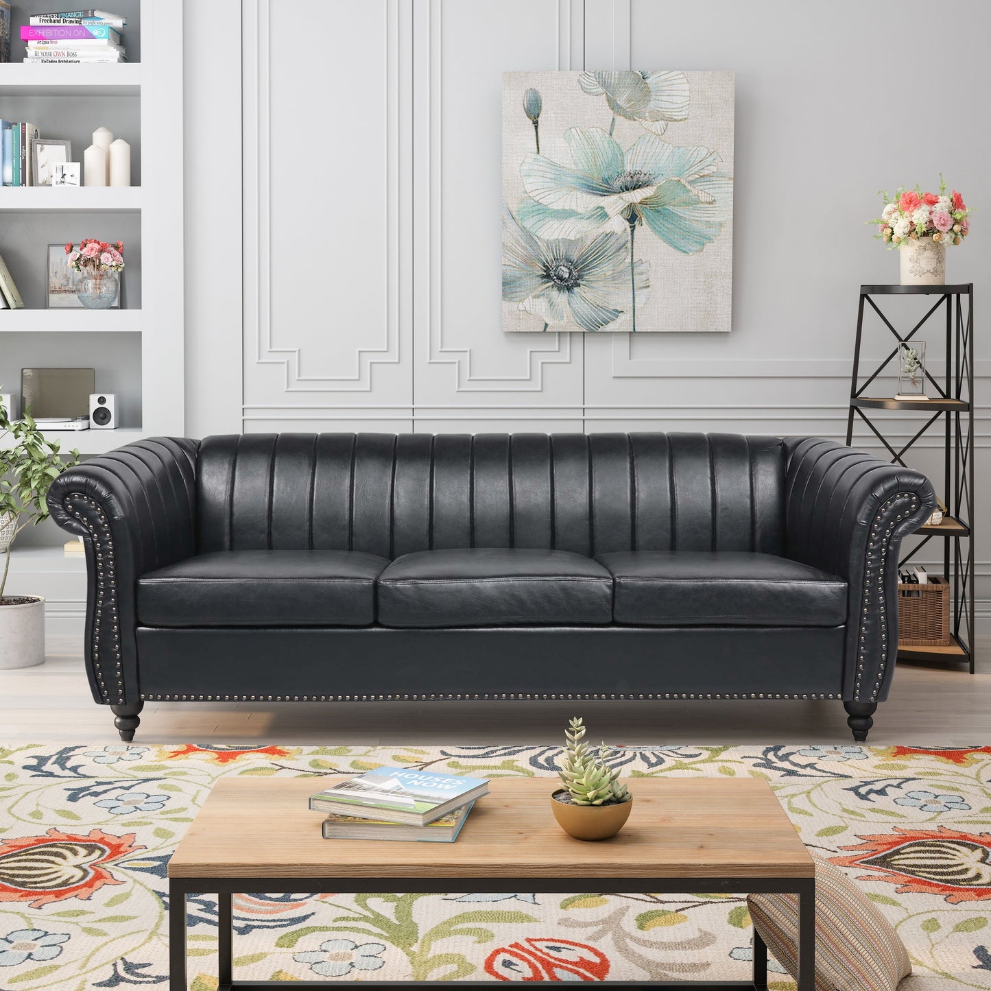 Canapé Chesterfield trois places à accoudoirs roulés en PU de 84 pouces