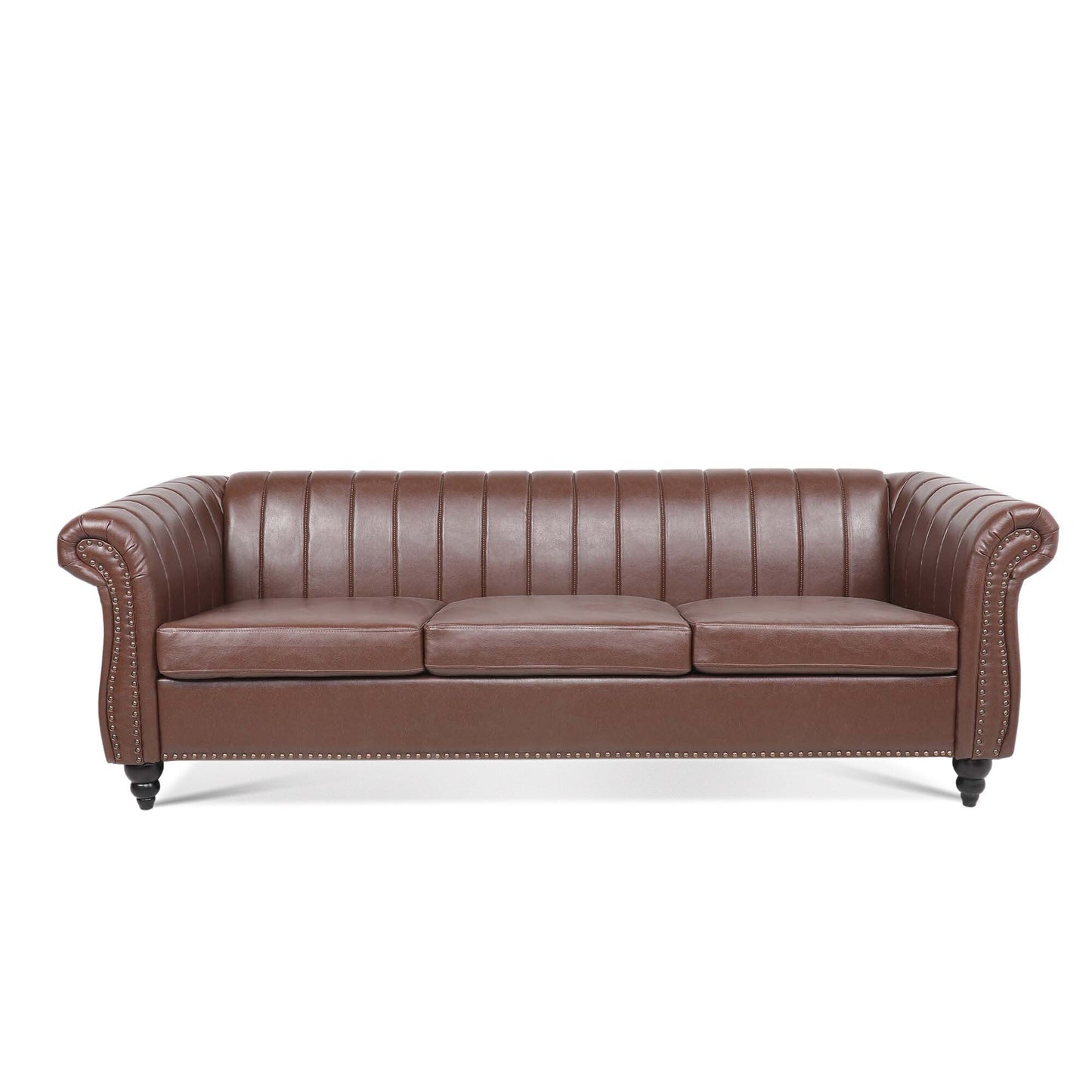 Canapé Chesterfield trois places à accoudoirs roulés en PU de 84 pouces
