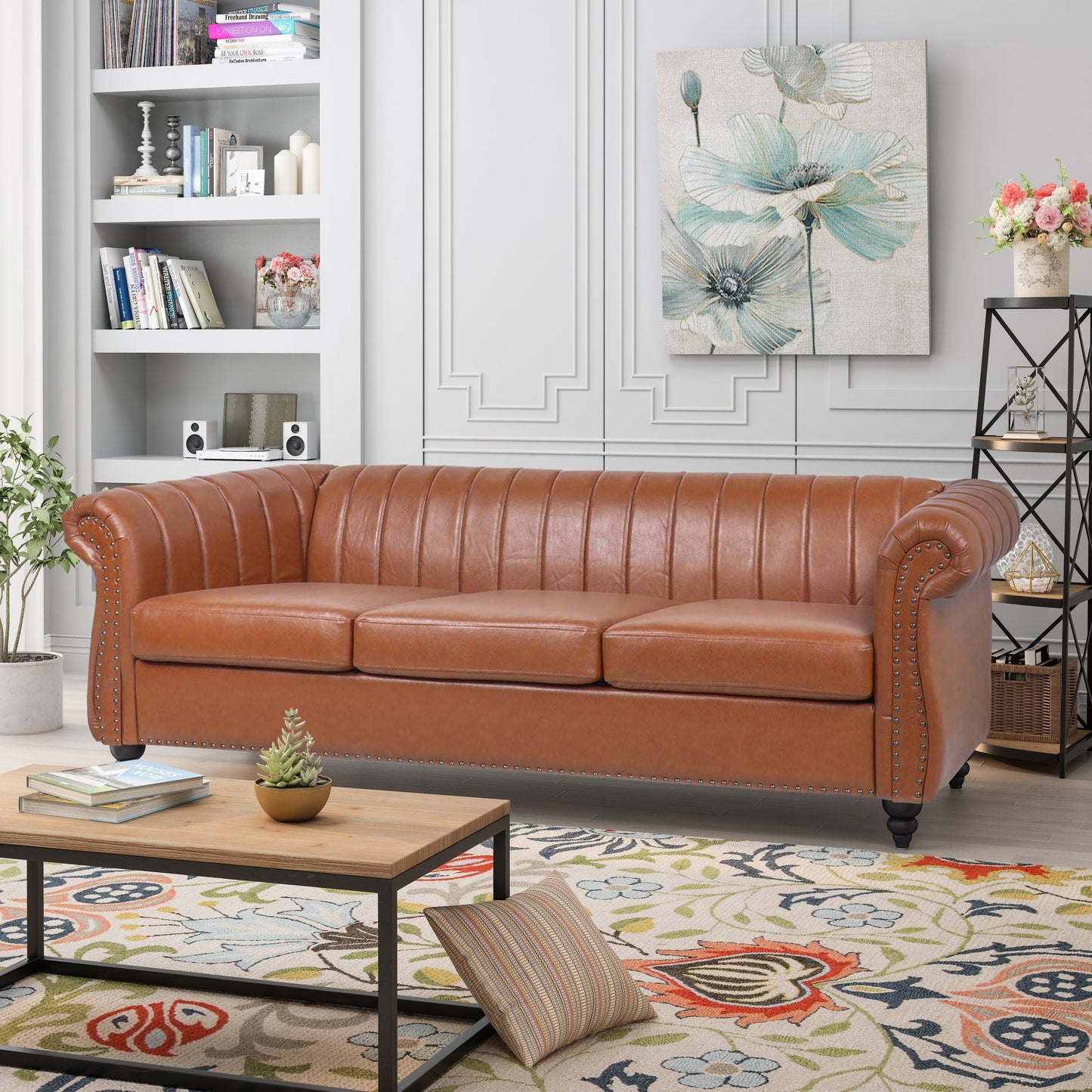 Canapé Chesterfield trois places à accoudoirs roulés en PU de 84 pouces