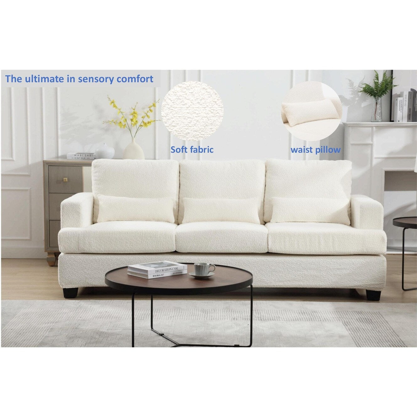 Canapé 3 places en tissu de 88,4 pouces : coussins de dossier amovibles, assise profonde et cadre robuste en bois dur et acier