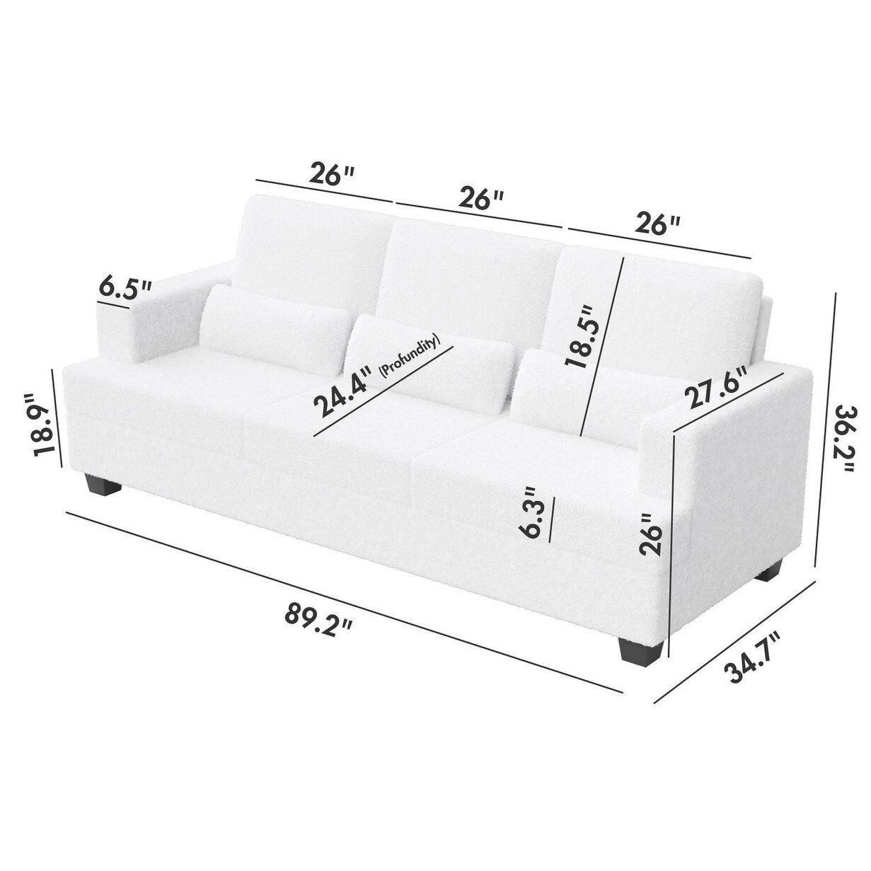 Canapé 3 places en tissu de 88,4 pouces : coussins de dossier amovibles, assise profonde et cadre robuste en bois dur et acier