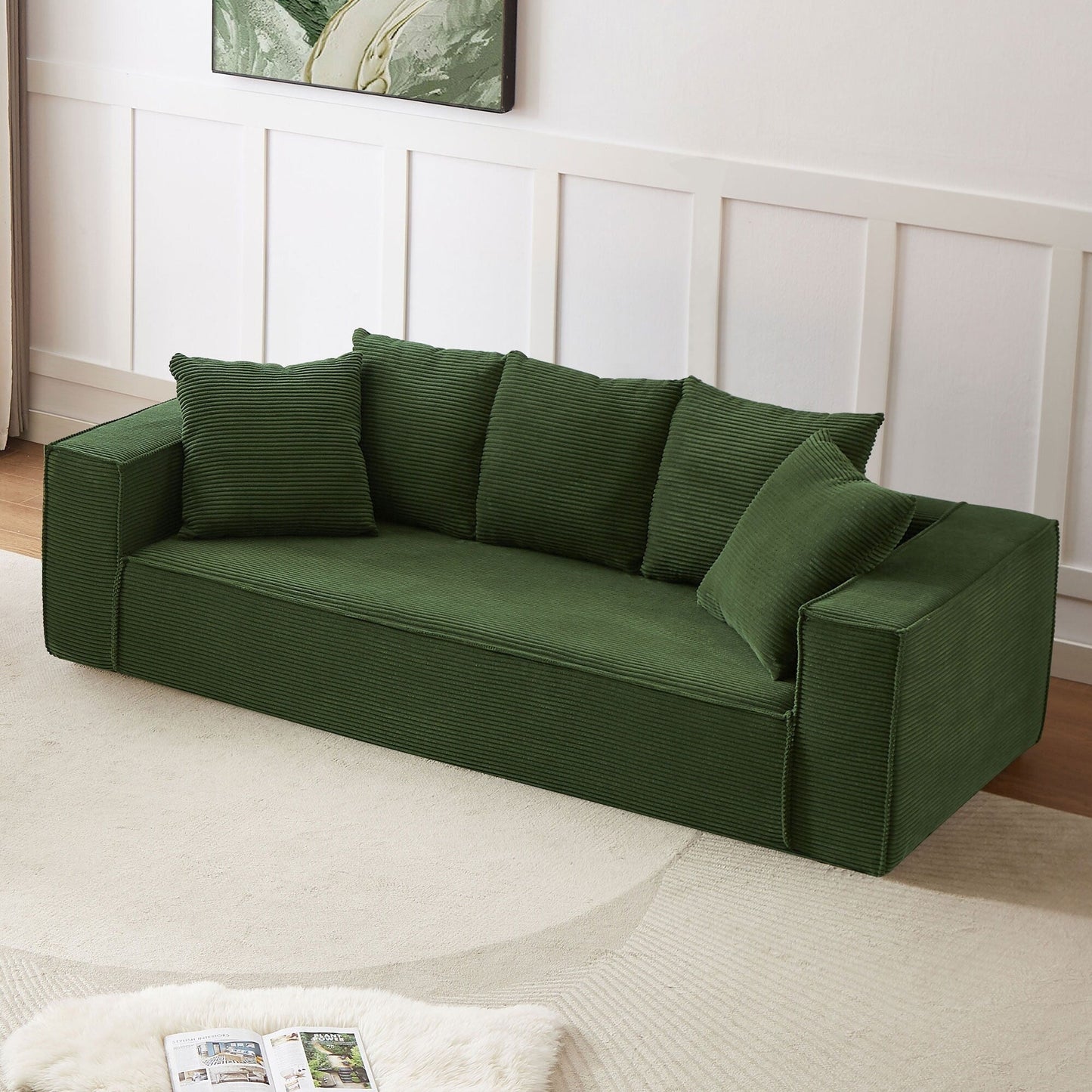 Canapé 3 places en velours côtelé de 88,97 pouces avec 5 coussins décoratifs, design modulaire élégant pour un salon moderne