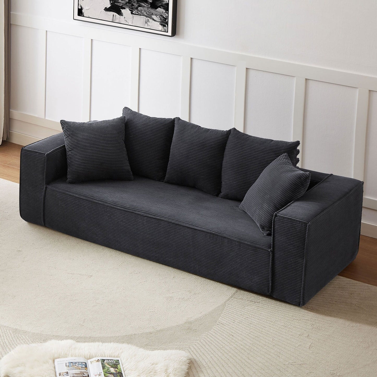 Canapé 3 places en velours côtelé de 88,97 pouces avec 5 coussins décoratifs, design modulaire élégant pour un salon moderne
