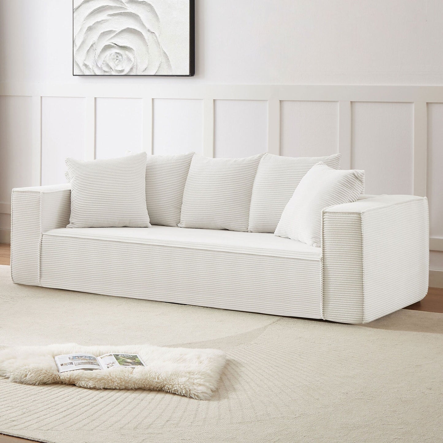 Canapé modulaire 3 places en velours côtelé de 88,97 po avec 5 coussins décoratifs et design spacieux