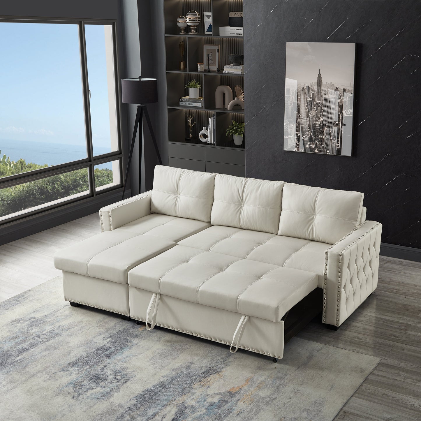 Canapé convertible en microfibre de 88 pouces avec lit gigogne et méridienne de rangement