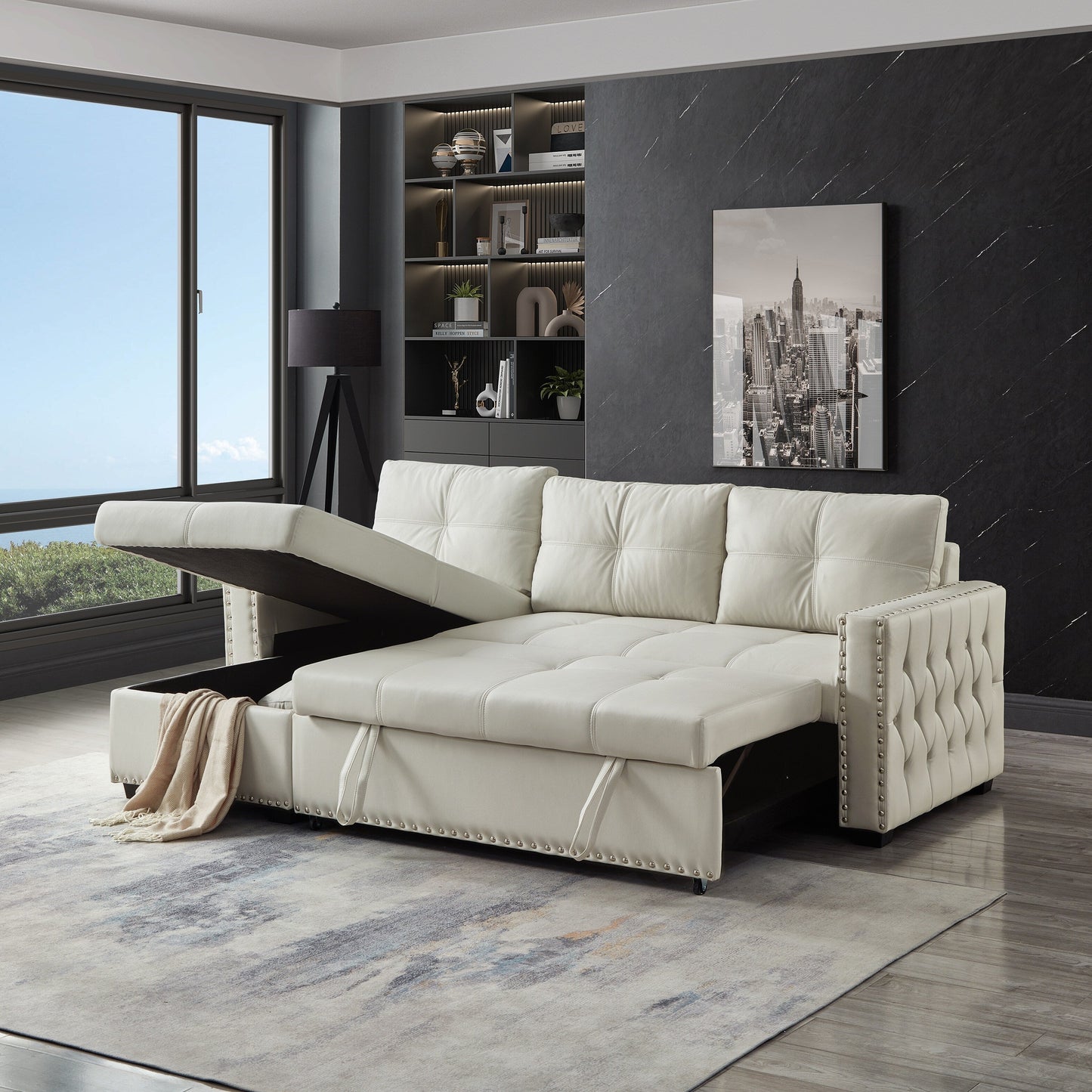 Canapé convertible en microfibre de 88 pouces avec lit gigogne et méridienne de rangement