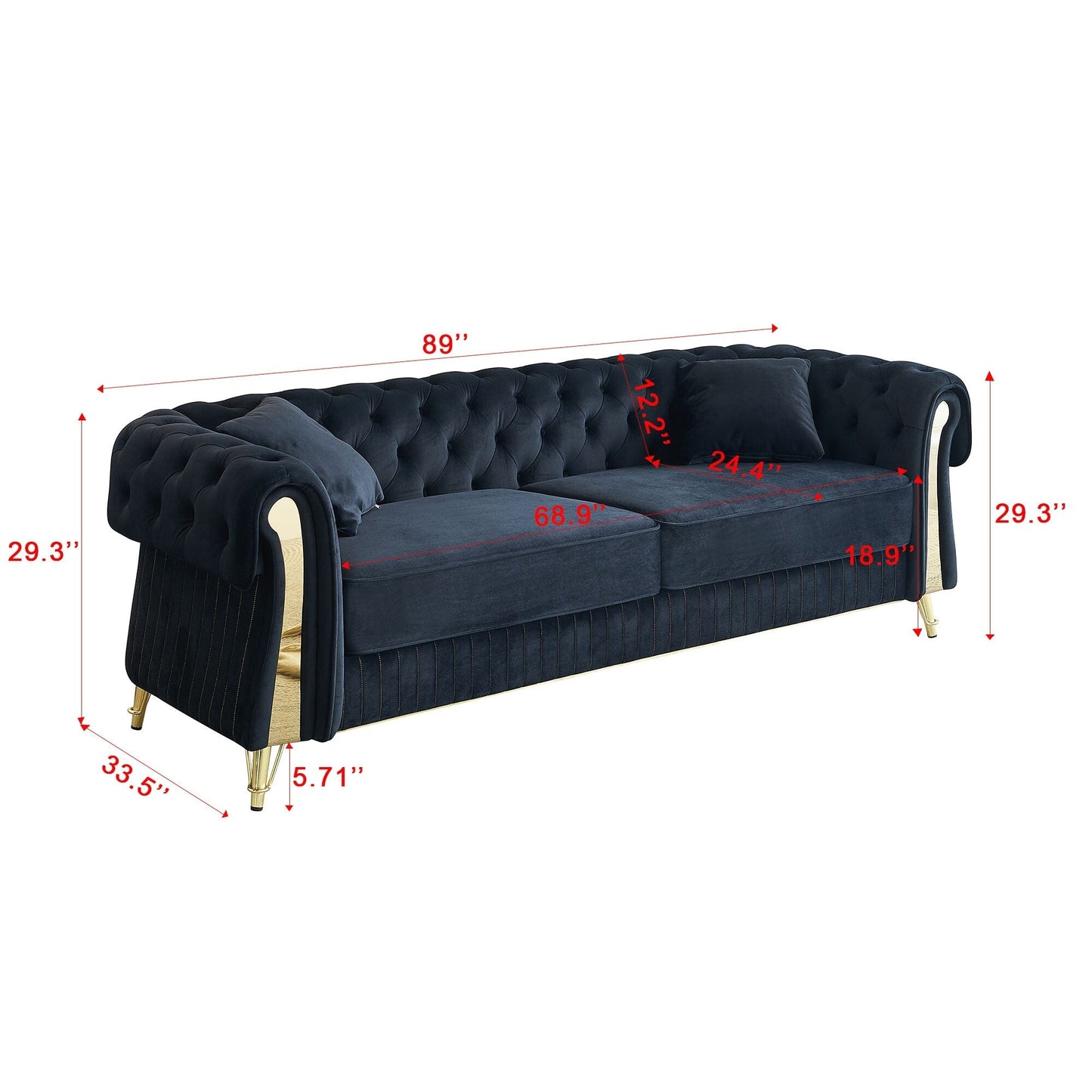 Canapé 3 places en velours 89 avec deux coussins d'assise et deux coussins décoratifs