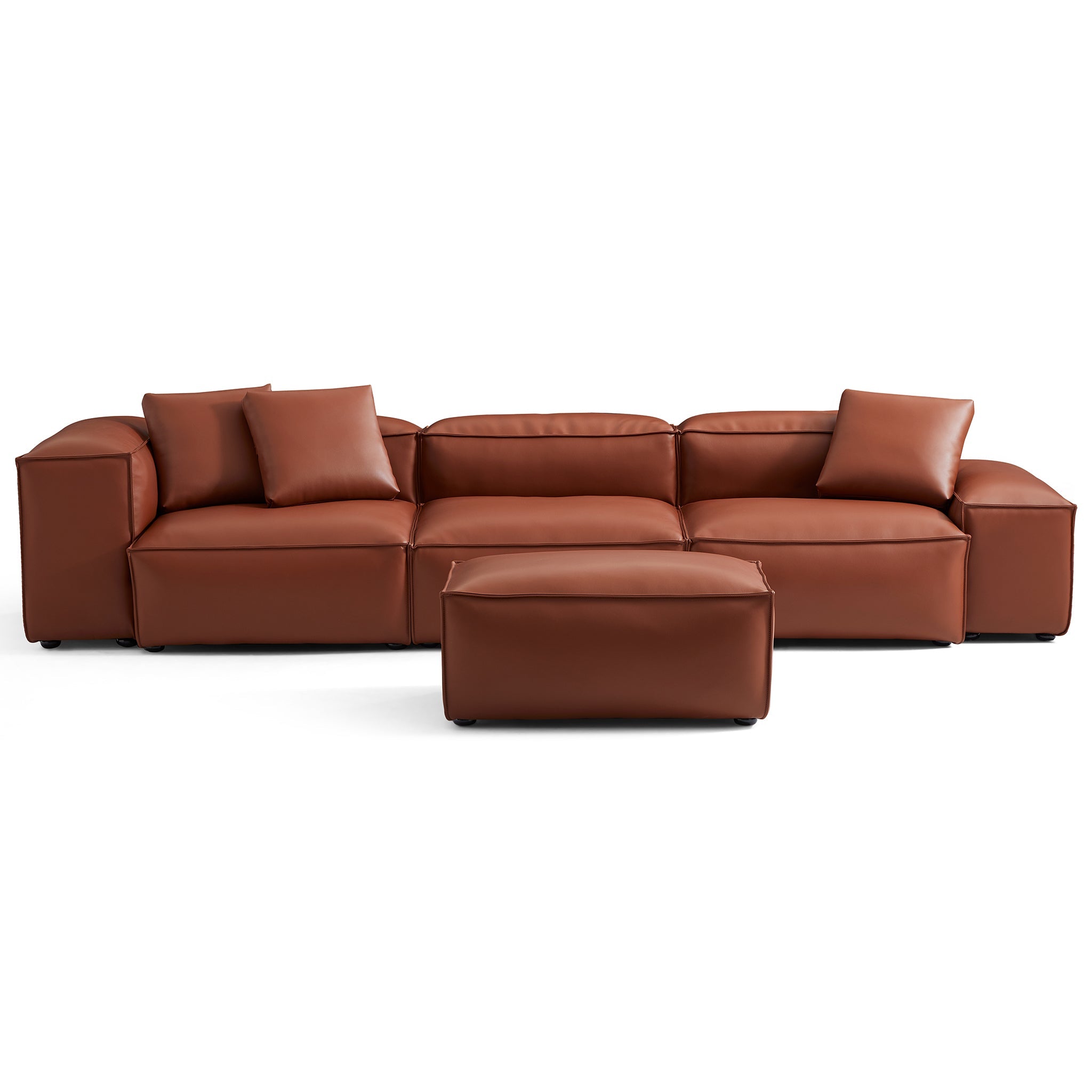 Cube Modular Brown Genuine Leather Sofa with Ottoman