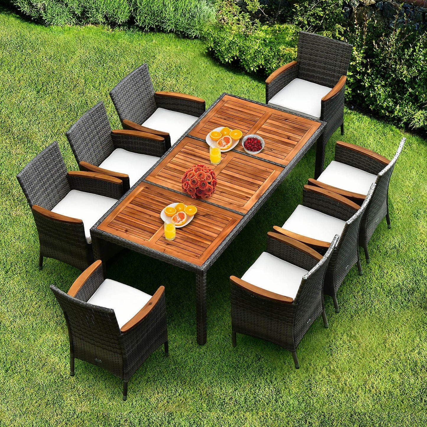 Ensemble de salle à manger en rotin 9 pièces pour patio, ensemble de meubles en bois et osier Garde