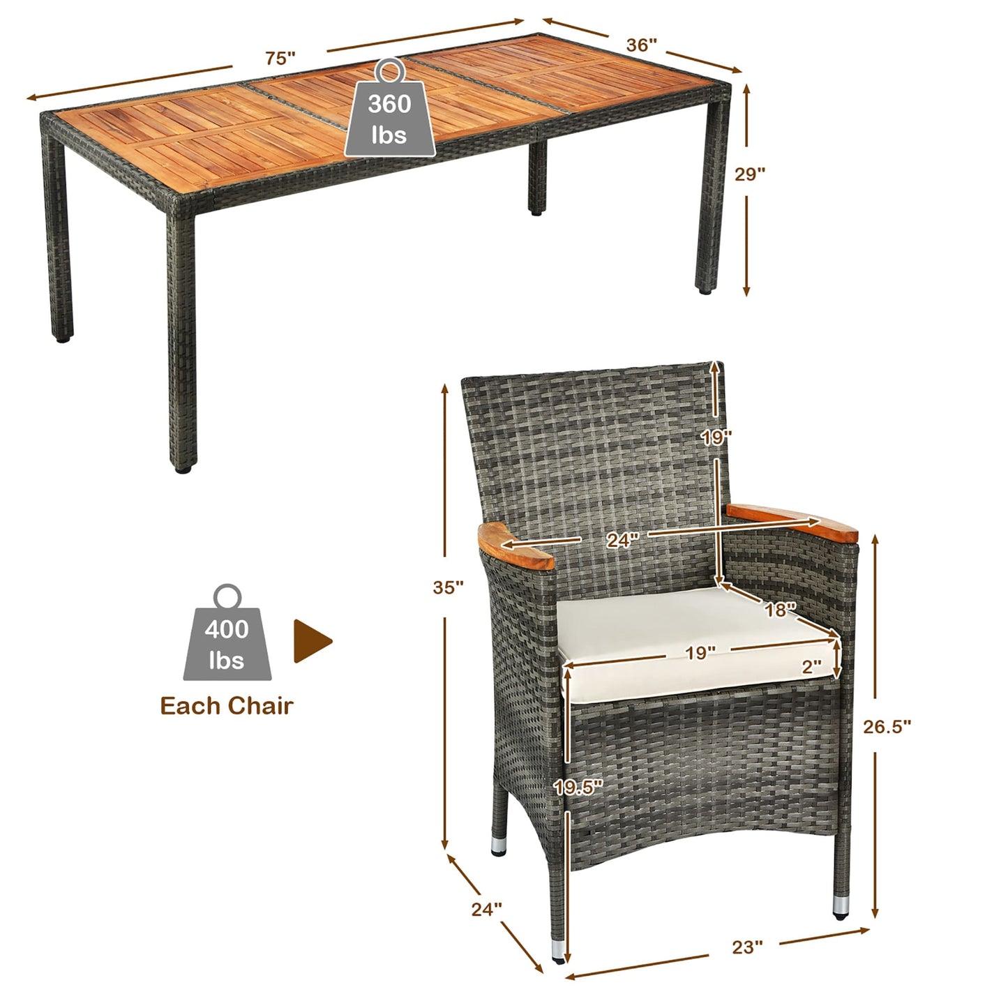 Ensemble de salle à manger en rotin 9 pièces pour patio, ensemble de meubles en bois et osier Garde