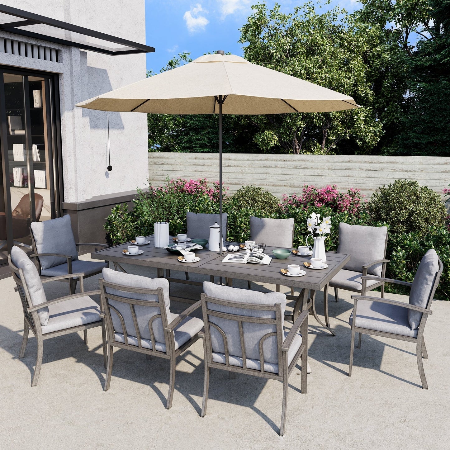 Ensemble de salle à manger de patio en aluminium 9 pièces avec table et coussins lavables gris clair