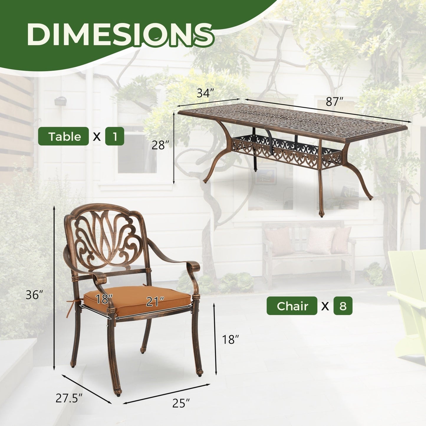 Ensemble de salle à manger d'extérieur 9 pièces avec 1 table et 8 chaises, en aluminium résistant aux intempéries, pour patio, jardin et arrière-cour.