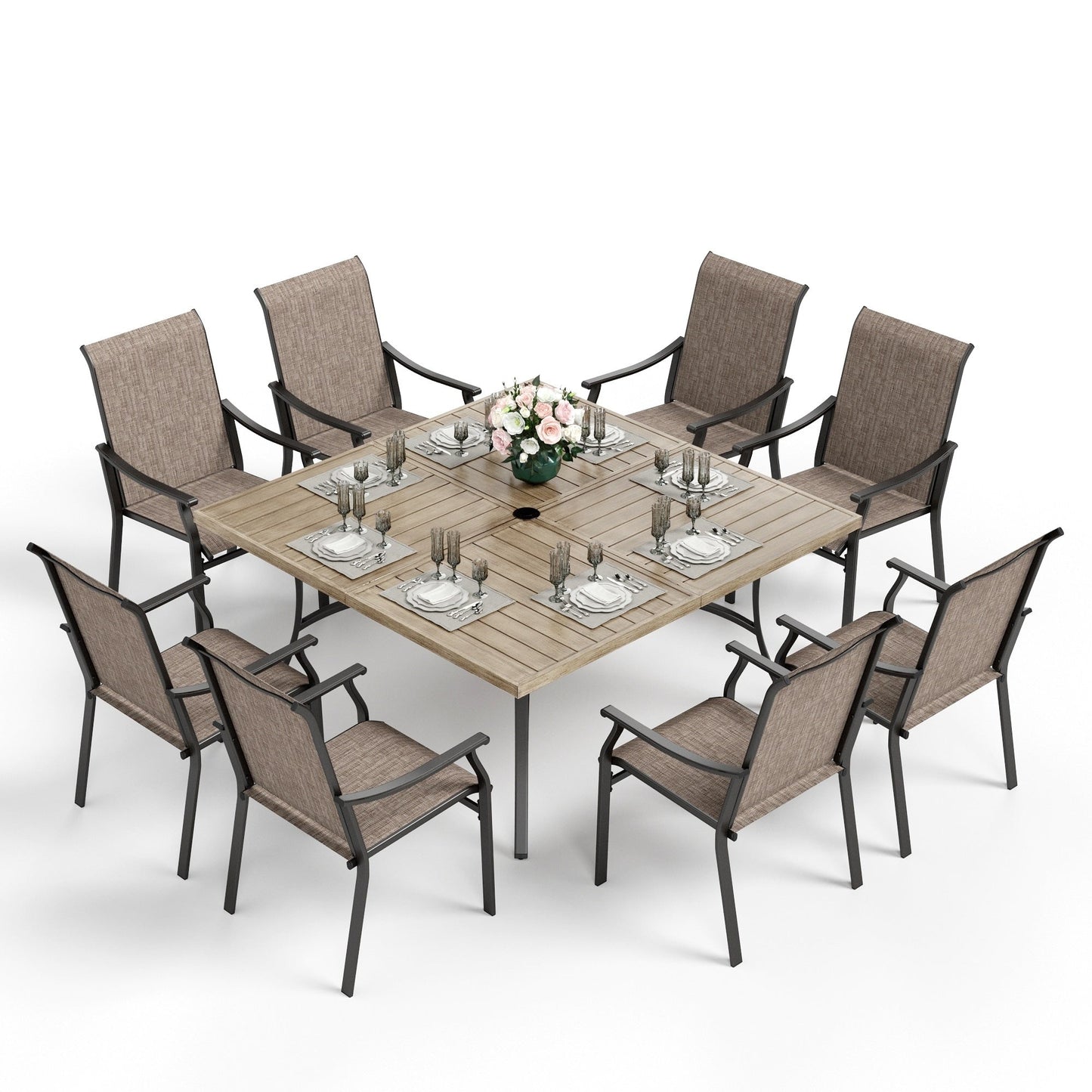 Ensemble de salle à manger de patio MAISON ARTS 9 pièces, table carrée en métal de 60 pouces et 8 fauteuils rembourrés en tissu textilène