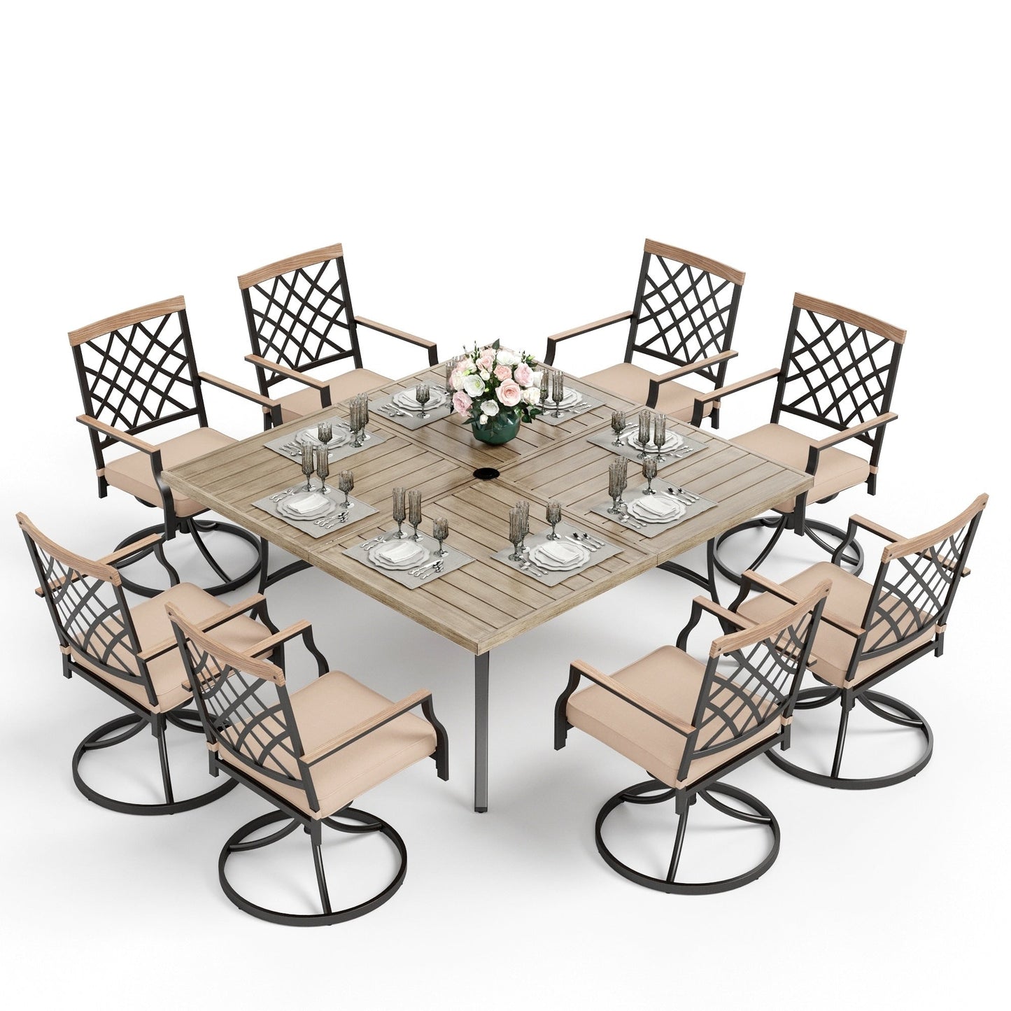 Ensemble de salle à manger de patio MAISON ARTS 9 pièces, table carrée en métal de 60 pouces avec 8 chaises pivotantes