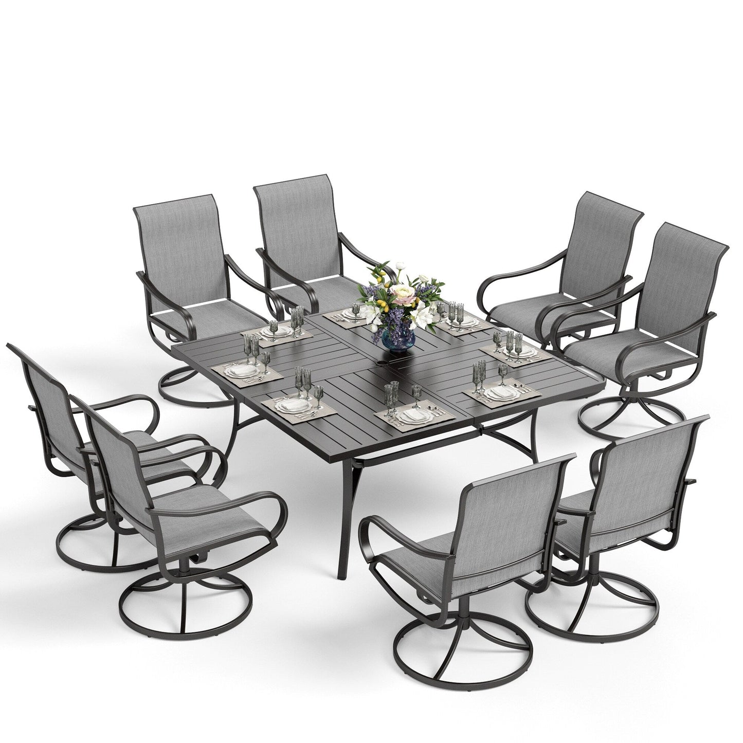 Ensemble de salle à manger de patio MAISON ARTS 9 pièces, table carrée en métal de 60 pouces et chaises de salle à manger en toile