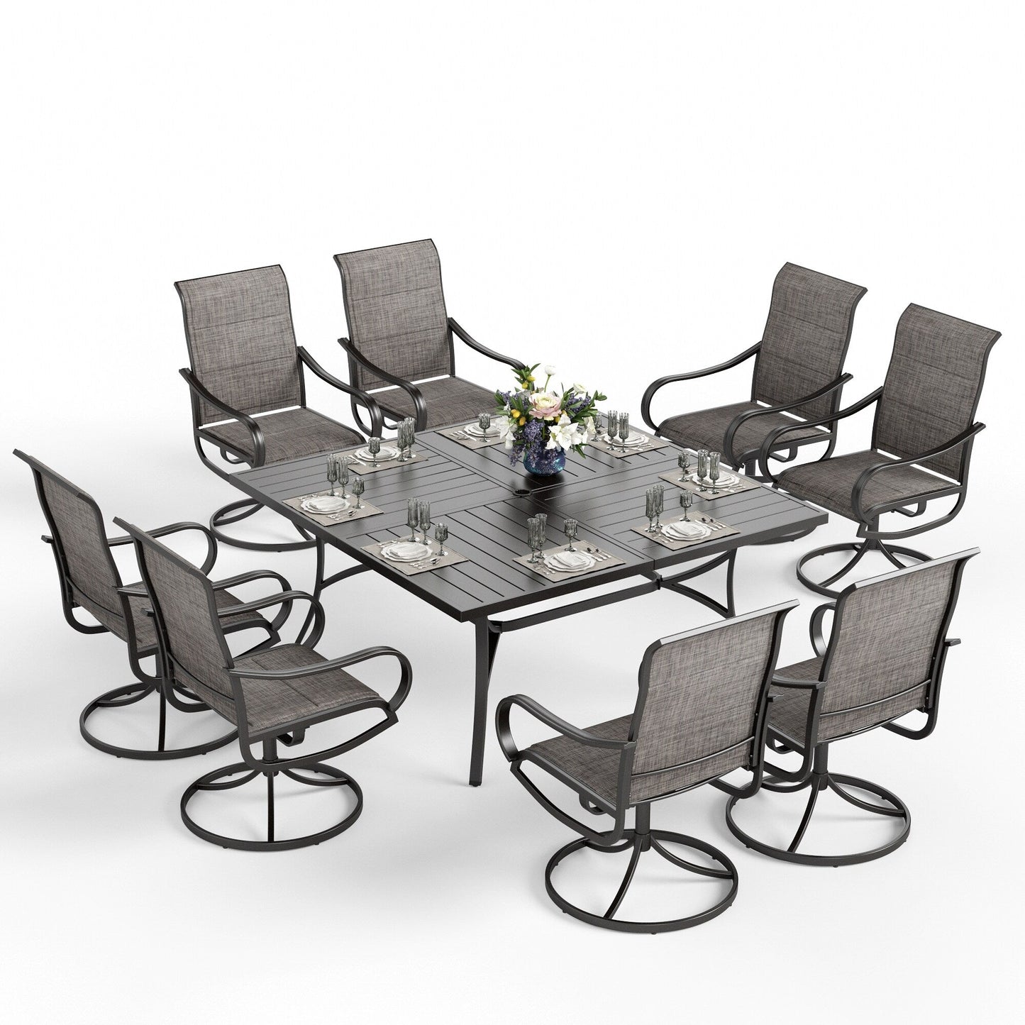 Ensemble de salle à manger de patio MAISON ARTS 9 pièces, table carrée en métal de 60 pouces et chaises de salle à manger en toile